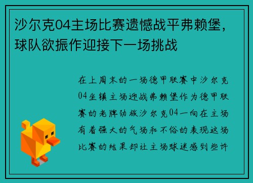 沙尔克04主场比赛遗憾战平弗赖堡，球队欲振作迎接下一场挑战